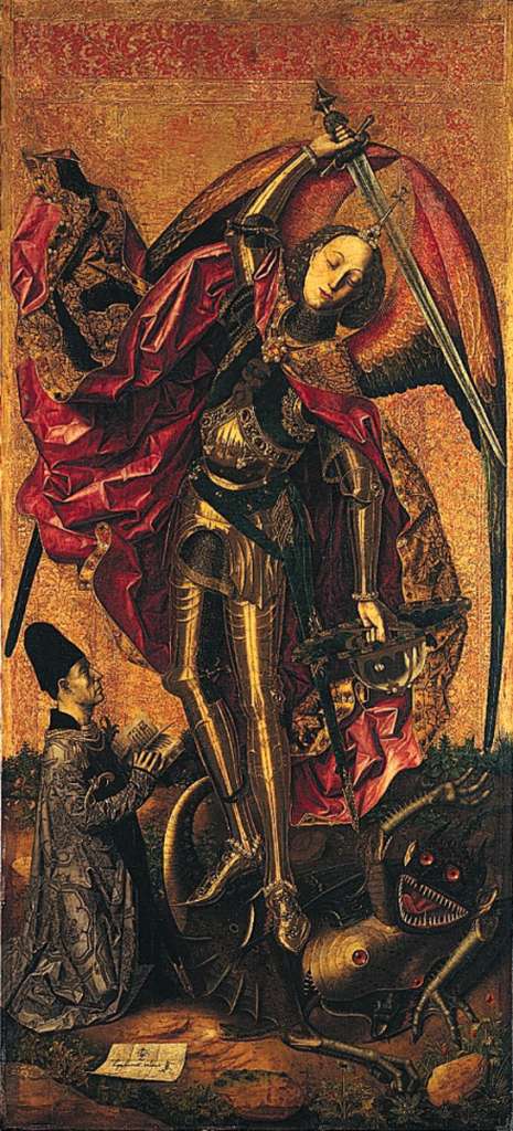 London National Gallery Next 20 01 Bartoleme Bermejo - Saint Michael Triumphant over the Devil with the Donor Antonio Juan Bartolem� Bermejo - St. Michael Triumphant over the Devil with the Donor Antonio Juan, 1468, 180 x 82 cm. This picture shows part of a story from the Bible, which describes how war broke out in heaven. St. Michael, captain of God�s army of angels, fought the rebel angels led by the Devil. St. Michael is painted as a soldier with a crown on his head, carrying a sword and shield, and wearing a shiny breastplate reflecting the imaginary towers of the City of Heaven. St. Michael holds his sword ready to cut off the Devil�s head and points his crystal shield down towards him. The Devil is shying away in terror at the reflection of his own horrible reflection of his own horrible face. Flat on the ground like a snake, the Devil�s body is part snake, part bird and part dragon. He has a second mouth coming out of his stomach with two sets of hard red jewel-like eyes and a snake slithering out below Michael�s feet. His torso is metallic, as if made of armour. His arms, too, combine reptile scales with metal armour, and he has toothed mouths for elbows, so he is apparently eating his own body, consuming himself.